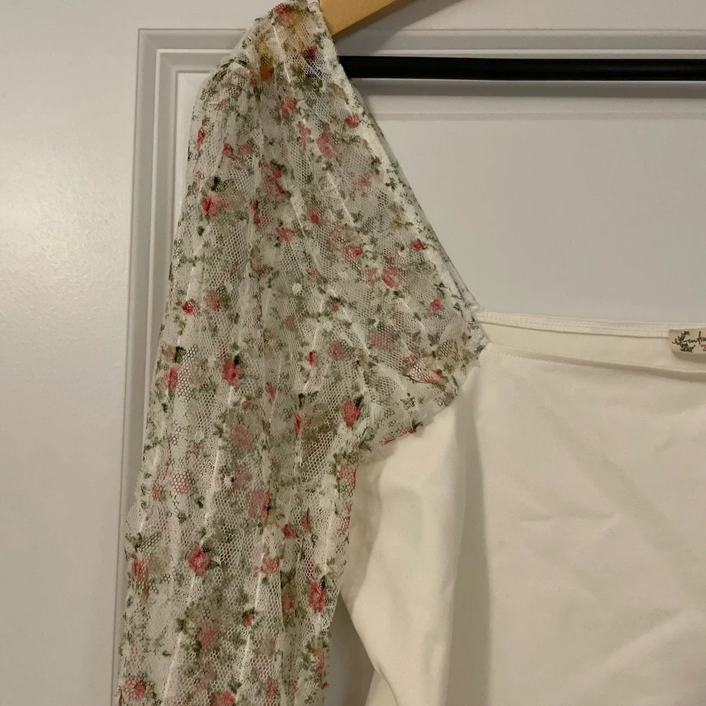NWT Free People Intimately Gimme Butterflies Cream Floral Sheer Sleeve Blouse